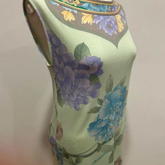 Vintage Leonard Paris Light Green Floral Sleeveless Dress Sz S - Picture 4 of 10